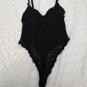 Black Lace Thong bodysuit one piece size Medium Bra Cup C Lingerie